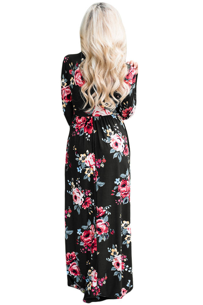 BY61772-2 Black Floral Surplice Long Sleeve Maxi Boho Dress